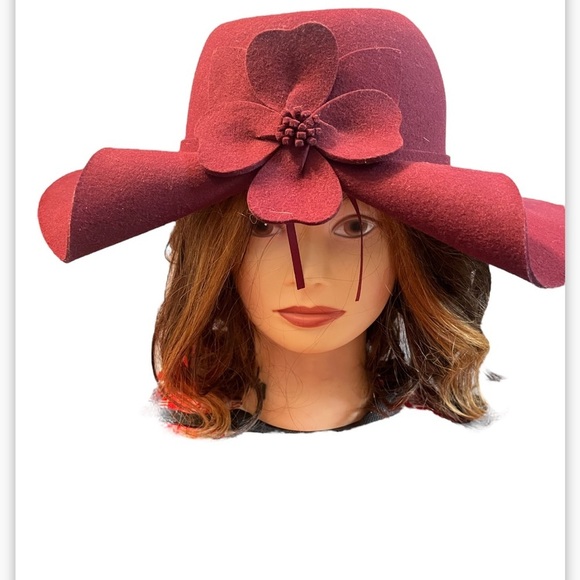 Adora Women's Wool Felt Floppy Fedora Hat with Folded Bow Burgundy OSFA - Picture 3 of 8